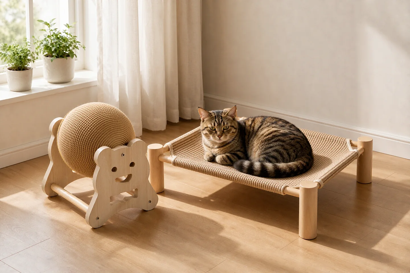 AI-created home scene with a tabby cat on a woven bed beside a bear sisal wheel